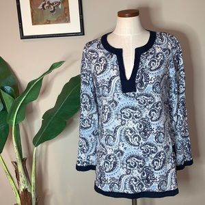 Lucky Brand Boho Paisley V Neck Tunic Swim Cover Up Top, Blue & White, Size S